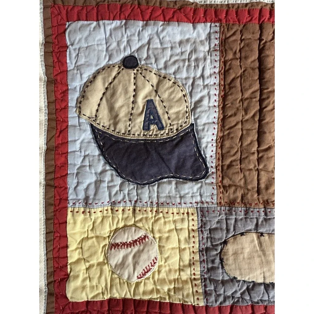 Pottery Barn Standard Pillow Sham Kids Baseball Quilted Red Blue Chambray Brown